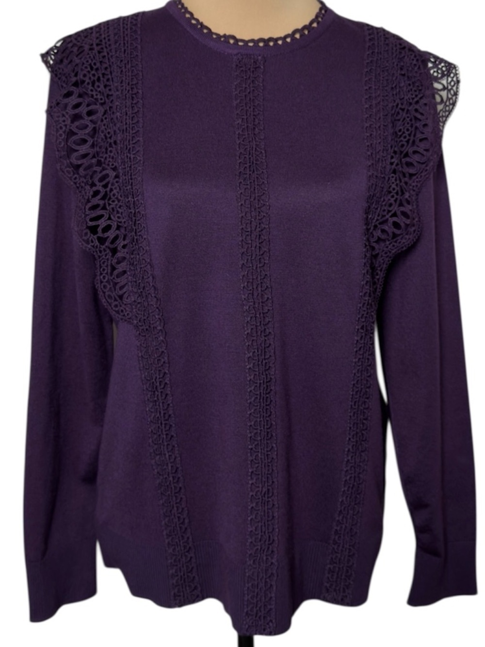 Cable & Gauge Purple Lace-Trim Crew Neck Sweater - Picture 2 of 7